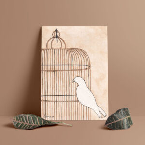 bird in cage illustration - ink and coffee